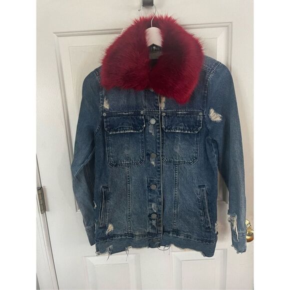 Blank NYC Dark Red Fur Trimmed Distressed Denim Jacket sz XS NWOT - Picture 2 of 9